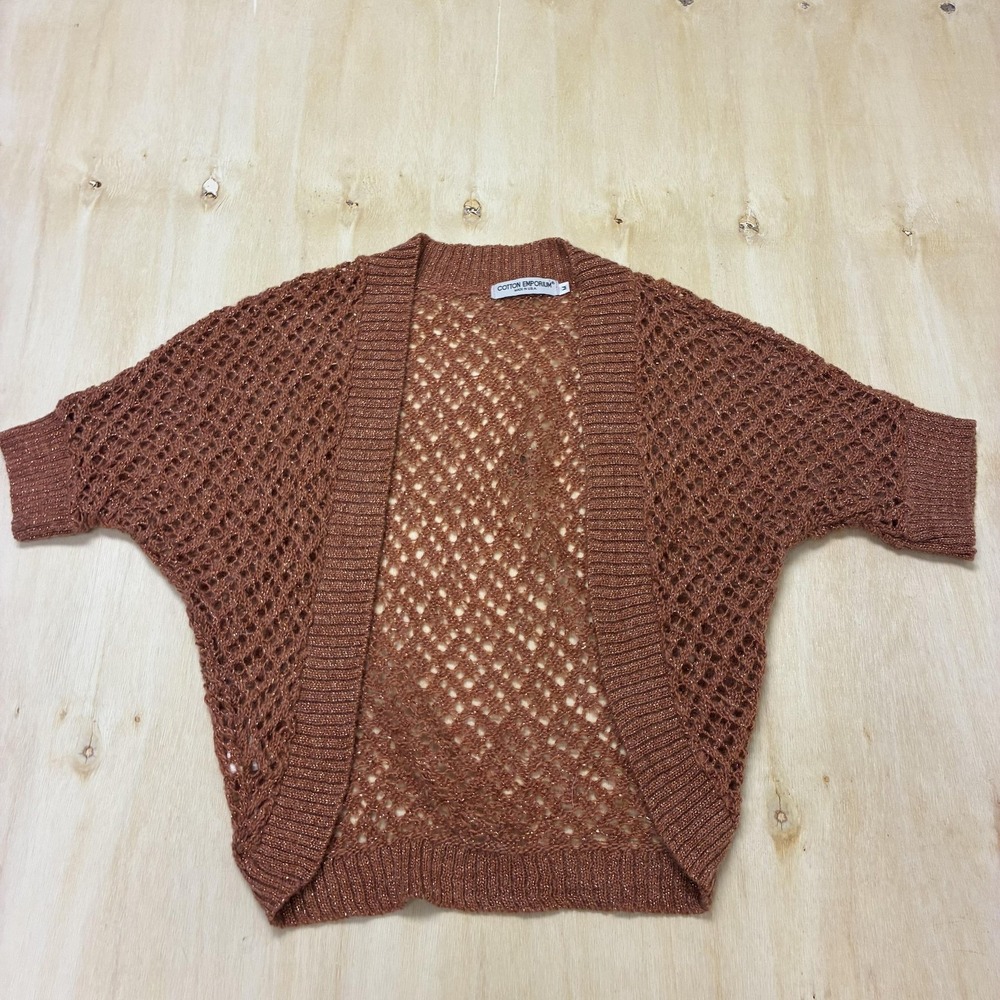 Y2K Cotton Emporium Shrug Sweater Womens Med Brown Open Knit Lurex Dolman Sleeve